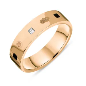 18ct Rose Gold 0.12ct Diamond Whitby Jet King's Coronation Hallmark Princess Cut 5mm Ring D