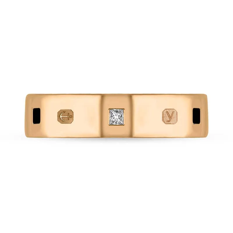 18ct Rose Gold 0.12ct Diamond Whitby Jet King's Coronation Hallmark Princess Cut 5mm Ring D