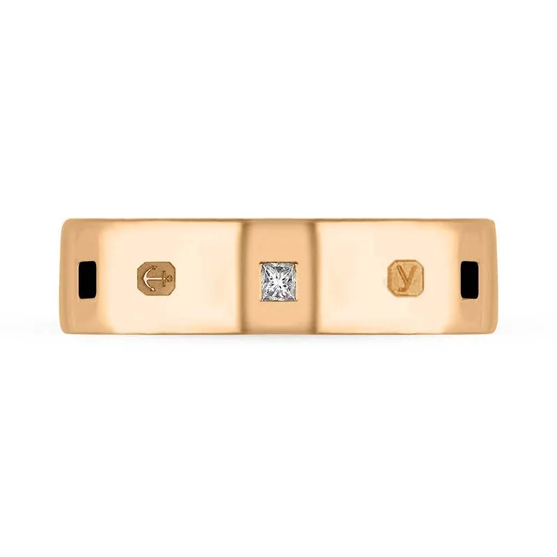 18ct Rose Gold 0.18ct Diamond Whitby Jet King's Coronation Hallmark Princess Cut 6mm Ring D