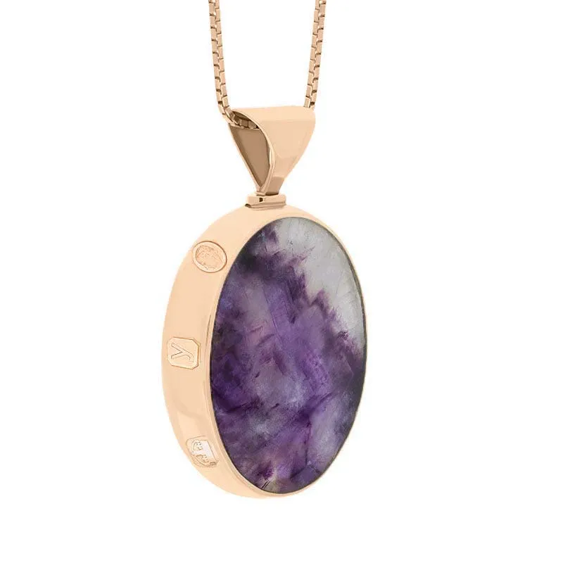 18ct Rose Gold Blue John Mother of Pearl King's Coronation Hallmark Double Sided Oval Necklace D