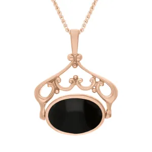 18ct Rose Gold Blue John Whitby Jet Double Sided Oval Swivel Fob Necklace