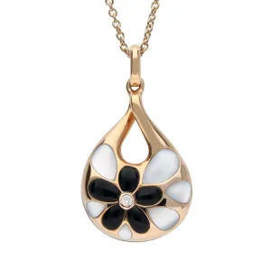 18ct Rose Gold Mother of Pearl Whitby Jet Diamond Teardrop Necklace D