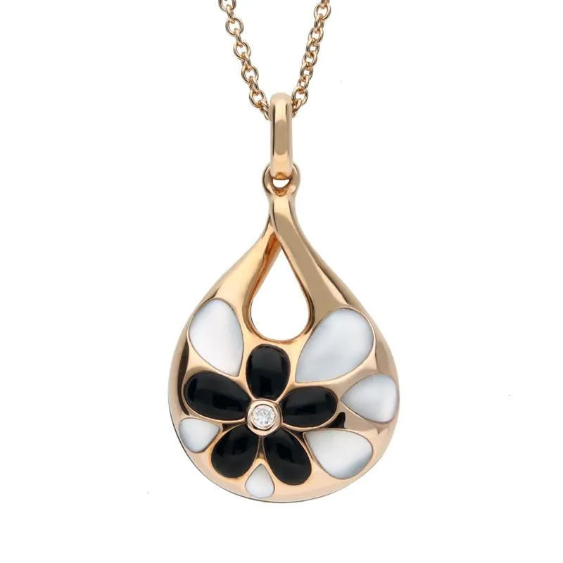 18ct Rose Gold Mother of Pearl Whitby Jet Diamond Teardrop Necklace D