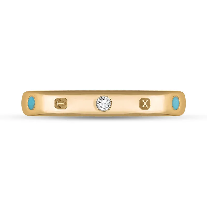 18ct Rose Gold Turquoise 0.06ct Diamond Queen's Jubilee Hallmark 3mm Ring D
