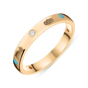 18ct Rose Gold Turquoise 0.06ct Diamond Queen's Jubilee Hallmark 3mm Ring D