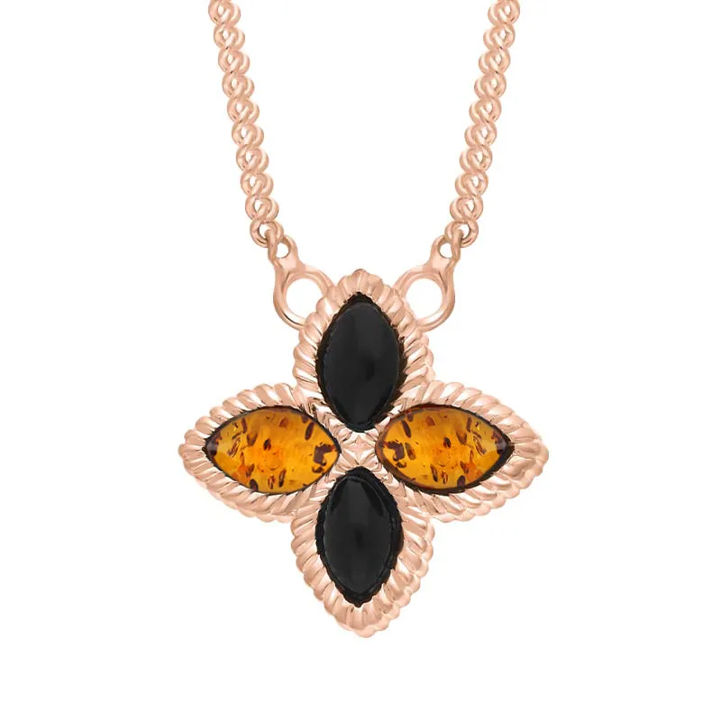 18ct Rose Gold Whitby Jet And Amber Eden Small Marquise Flower Necklace