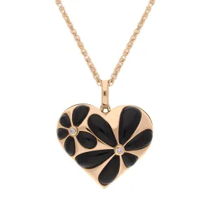 18ct Rose Gold Whitby Jet Diamond Heart Flower Necklace