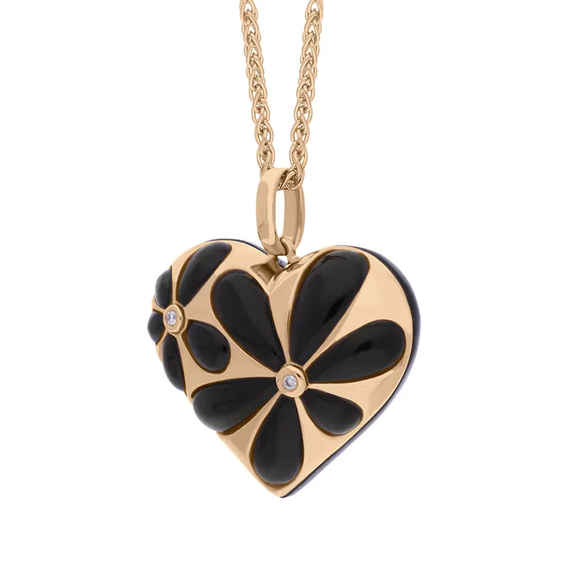18ct Rose Gold Whitby Jet Diamond Heart Flower Necklace