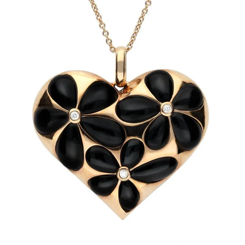 18ct Rose Gold Whitby Jet Diamond Large Flower Heart Two Piece Set D