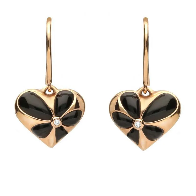 18ct Rose Gold Whitby Jet Diamond Large Flower Heart Two Piece Set D