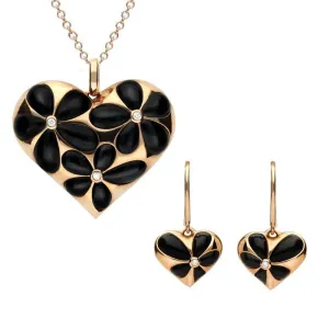 18ct Rose Gold Whitby Jet Diamond Large Flower Heart Two Piece Set D