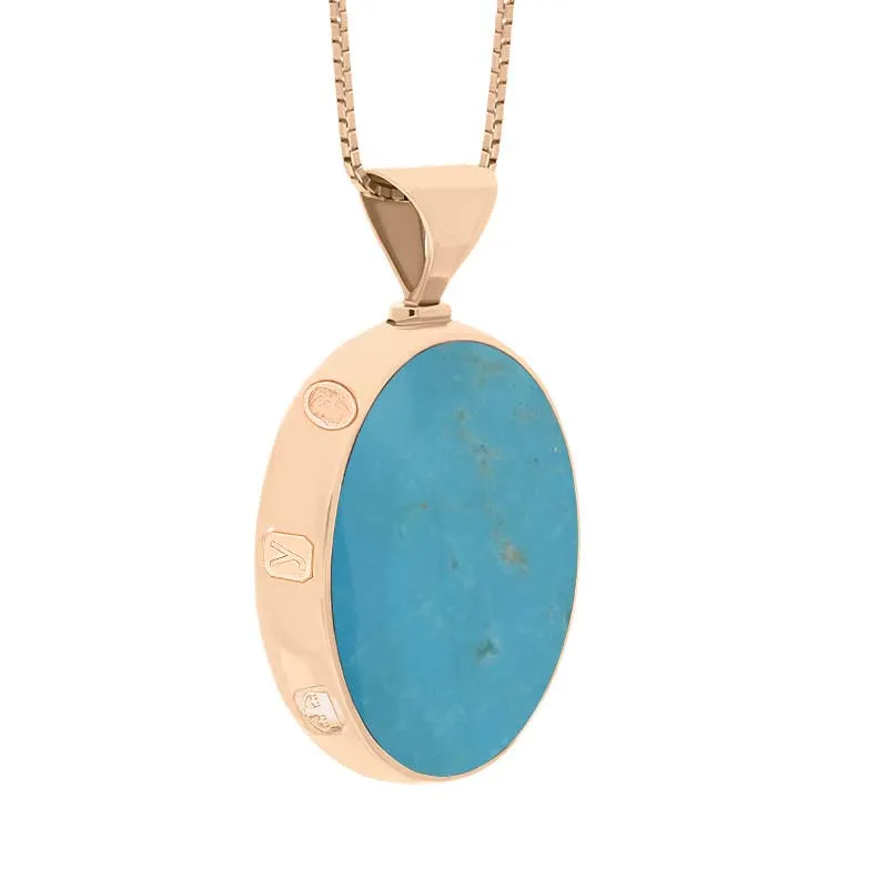 18ct Rose Gold Whitby Jet Turquoise King's Coronation Hallmark Double Sided Oval Necklace D