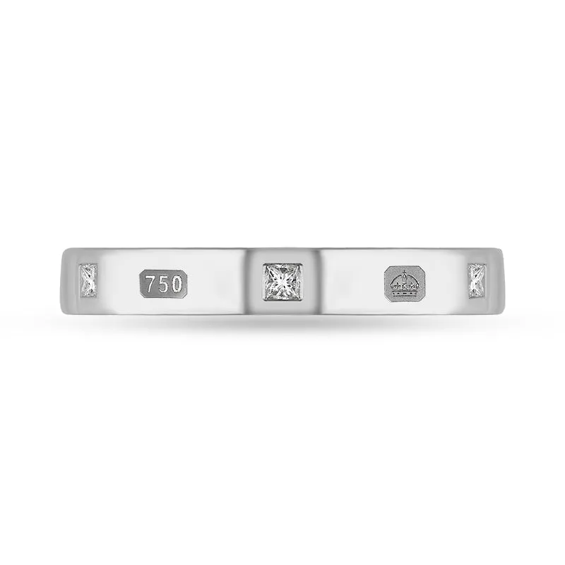 18ct White Gold 0.09ct Diamond King's Coronation Hallmark Princess Cut 3mm Ring D