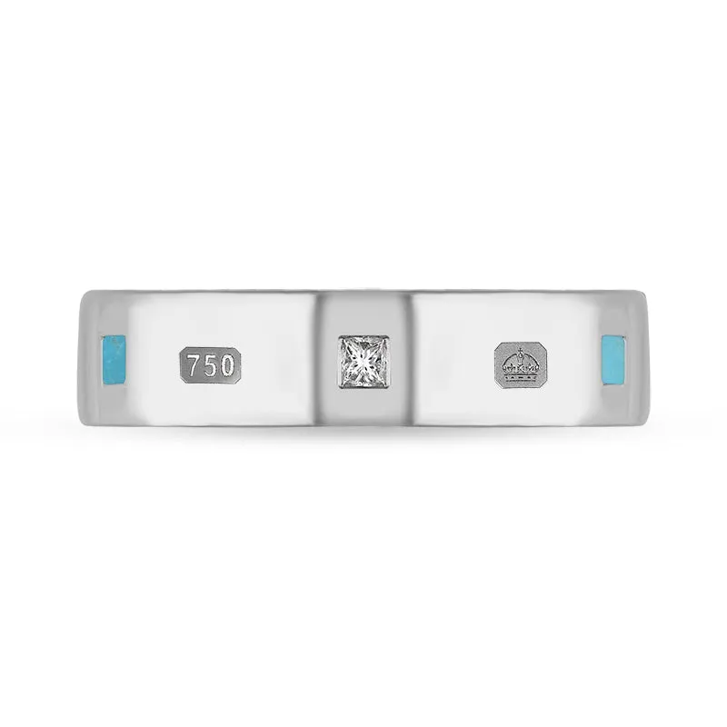 18ct White Gold 0.12ct Diamond Turquoise King's Coronation Hallmark Princess Cut 5mm Ring D
