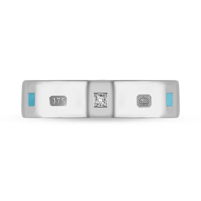 18ct White Gold 0.12ct Diamond Turquoise King's Coronation Hallmark Princess Cut 5mm Ring D