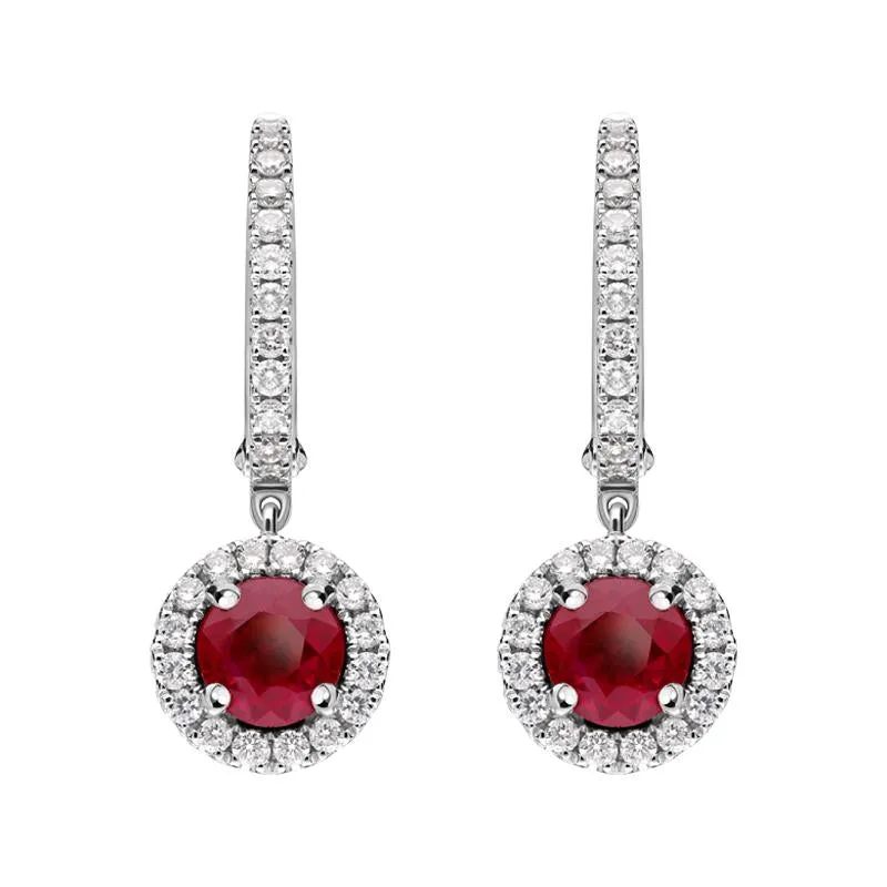 18ct White Gold 0.39ct Ruby Diamond Round Drop Earrings