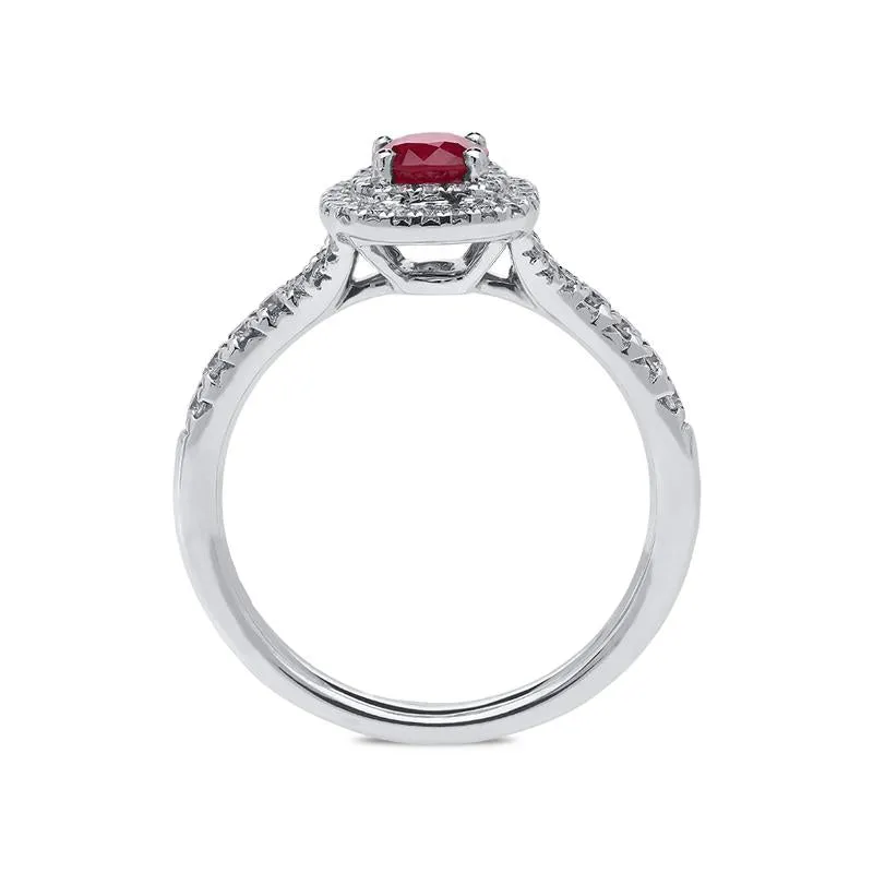 18ct White Gold 0.54ct Ruby Diamond Cushion Cut Ring D