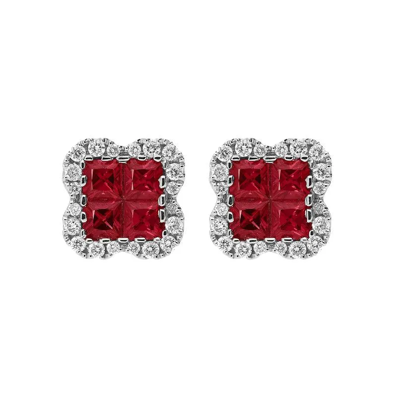 18ct White Gold 1.12ct Ruby 0.32ct Diamond Cluster Earrings
