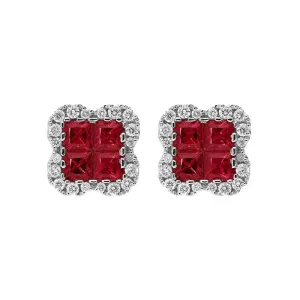 18ct White Gold 1.12ct Ruby 0.32ct Diamond Cluster Earrings