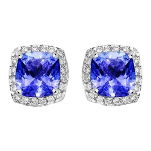 18ct White Gold 1.25ct Tanzanite Diamond Cushion Stud Earrings D