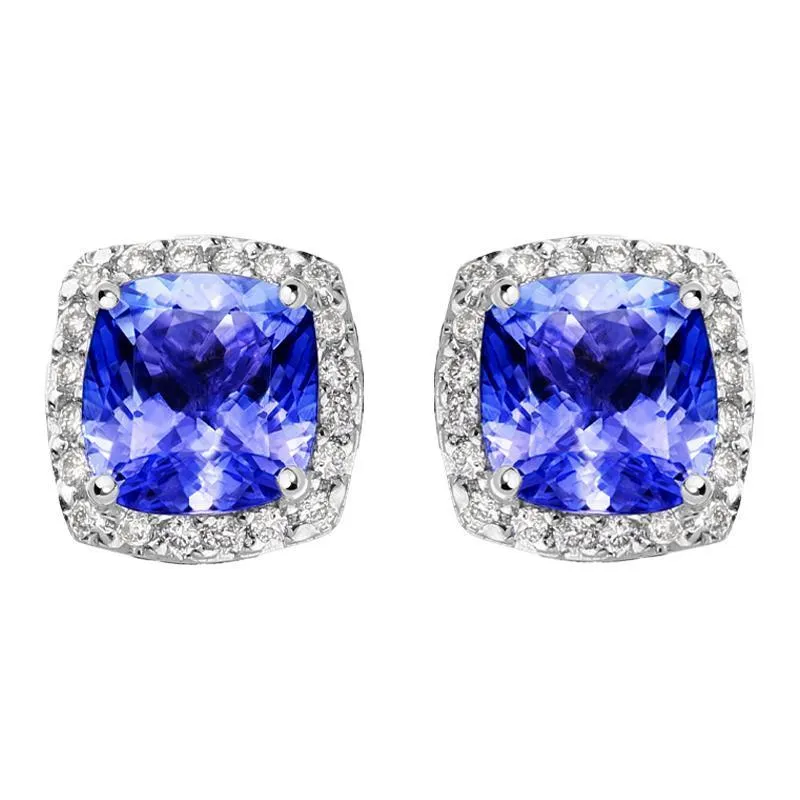 18ct White Gold 1.25ct Tanzanite Diamond Cushion Stud Earrings D