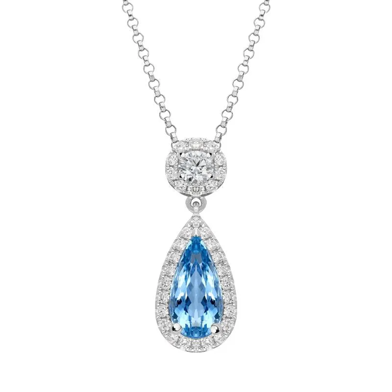 18ct White Gold 1.47ct Aquamarine Diamond Pear Cut Necklace