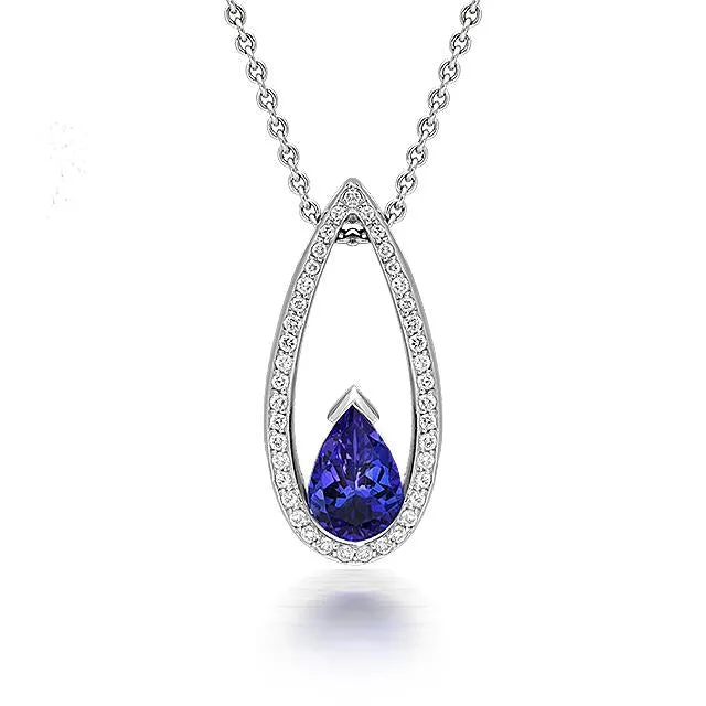 18ct White Gold 1.50ct Tanzanite Diamond Pear Cut Necklace D
