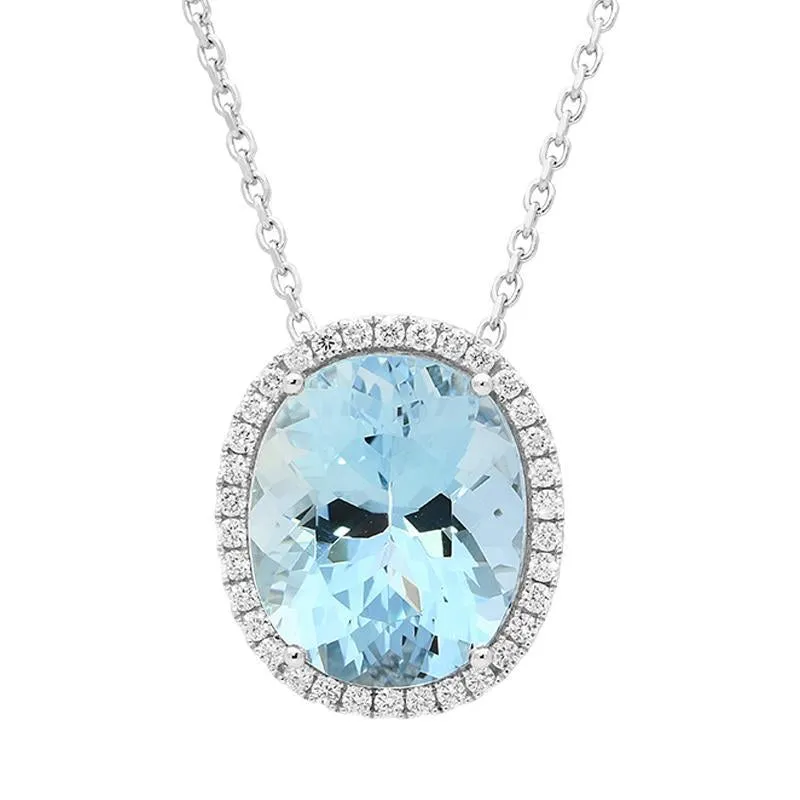 18ct White Gold 6.07ct Aquamarine Diamond Oval Cut Cluster Necklace