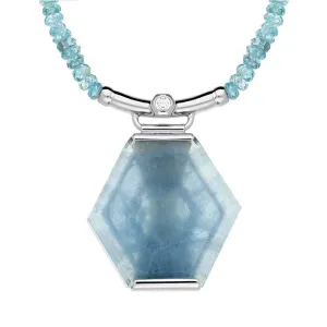 18ct White Gold Aquamarine 0.15ct Diamond Large Hexagon Necklace