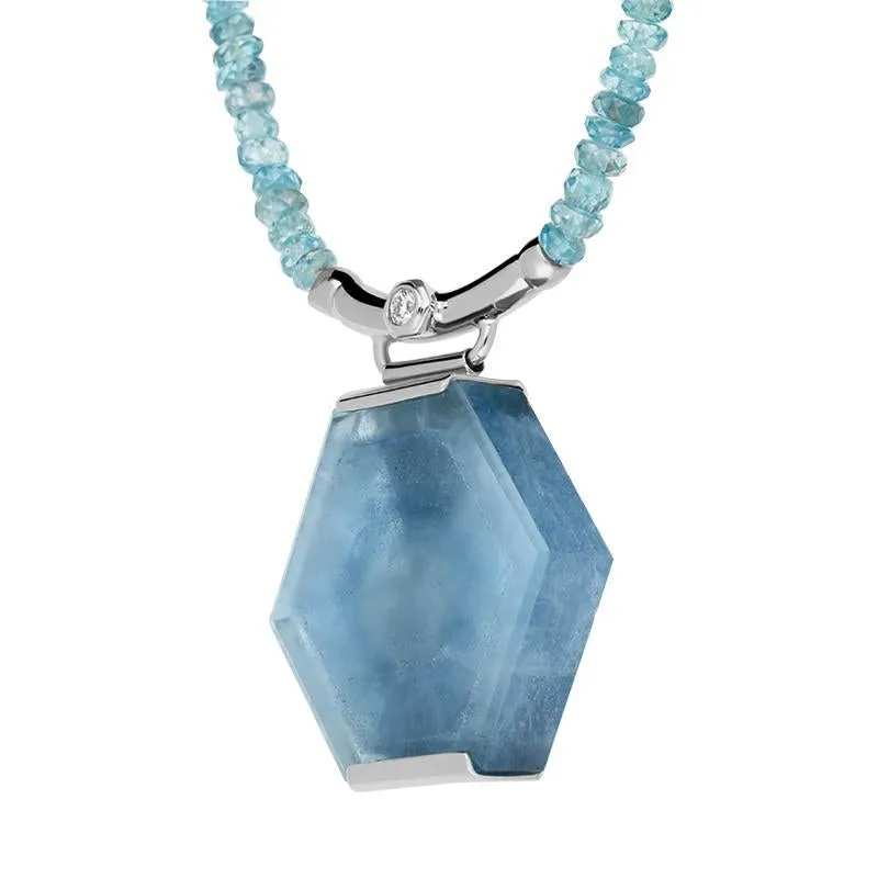 18ct White Gold Aquamarine 0.15ct Diamond Large Hexagon Necklace