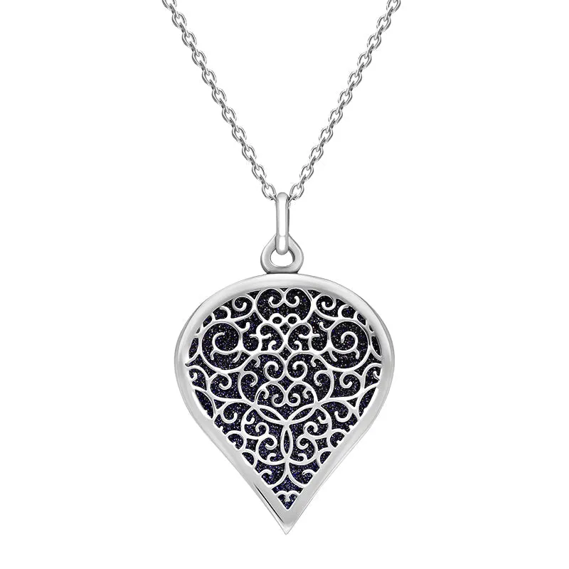 18ct White Gold Blue Goldstone Flore Filigree Large Heart Necklace