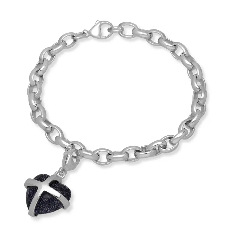18ct White Gold Blue Goldstone Medium Cross Heart Charm Bracelet