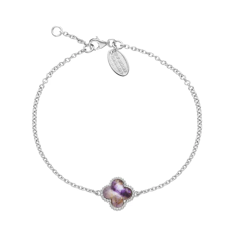18ct White Gold Blue John bloom Four Leaf Clover Ball Edge Chain Bracelet