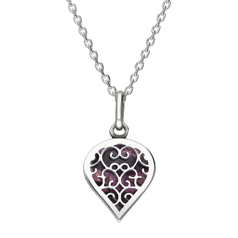 18ct White Gold Blue John Flore Filigree Small Heart Necklace