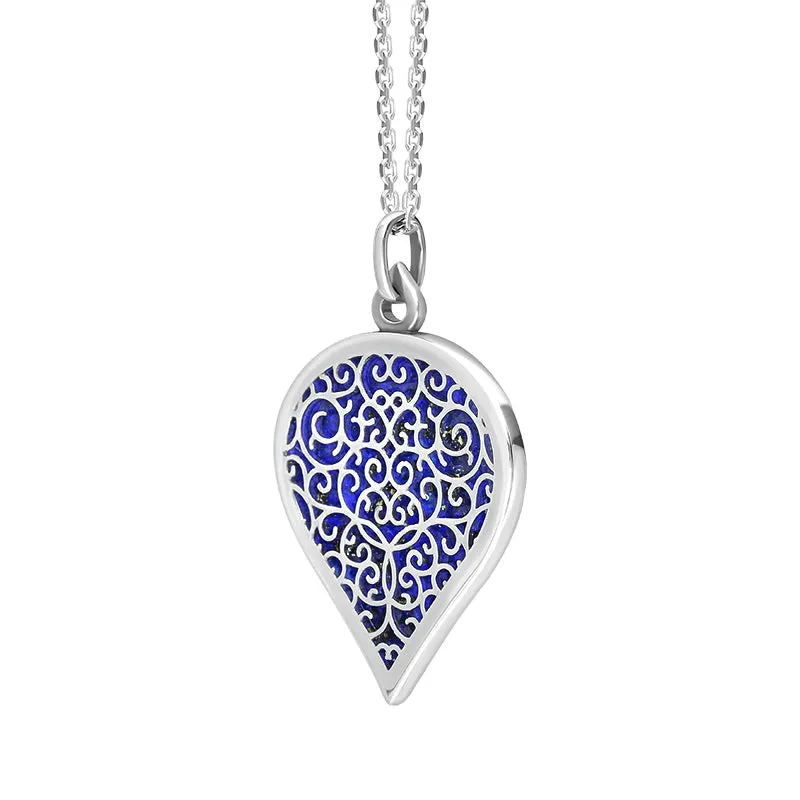 18ct White Gold Lapis Lazuli Flore Filigree Large Heart Necklace