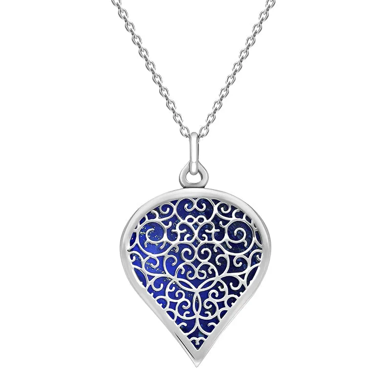 18ct White Gold Lapis Lazuli Flore Filigree Large Heart Necklace
