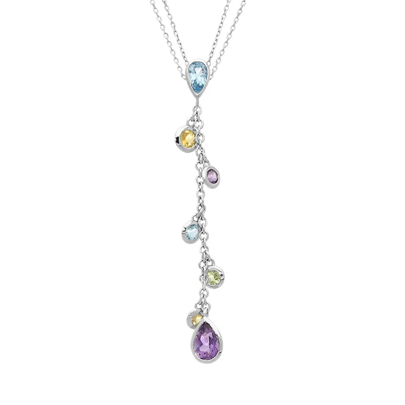 18ct White Gold Mixed Gem Drop Necklace