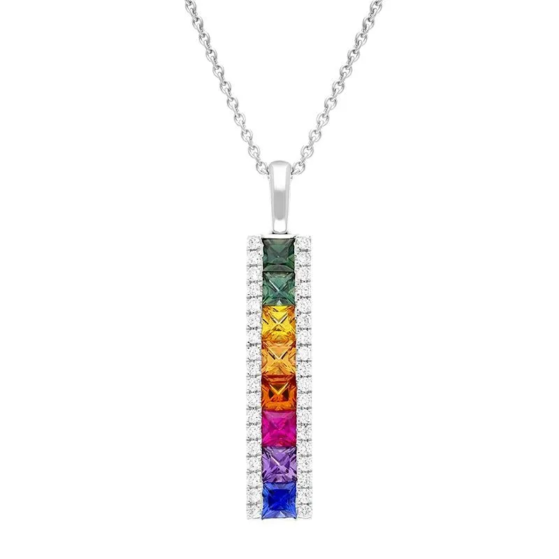 18ct White Gold Rainbow Sapphire 1.77ct Diamond Bar Necklace