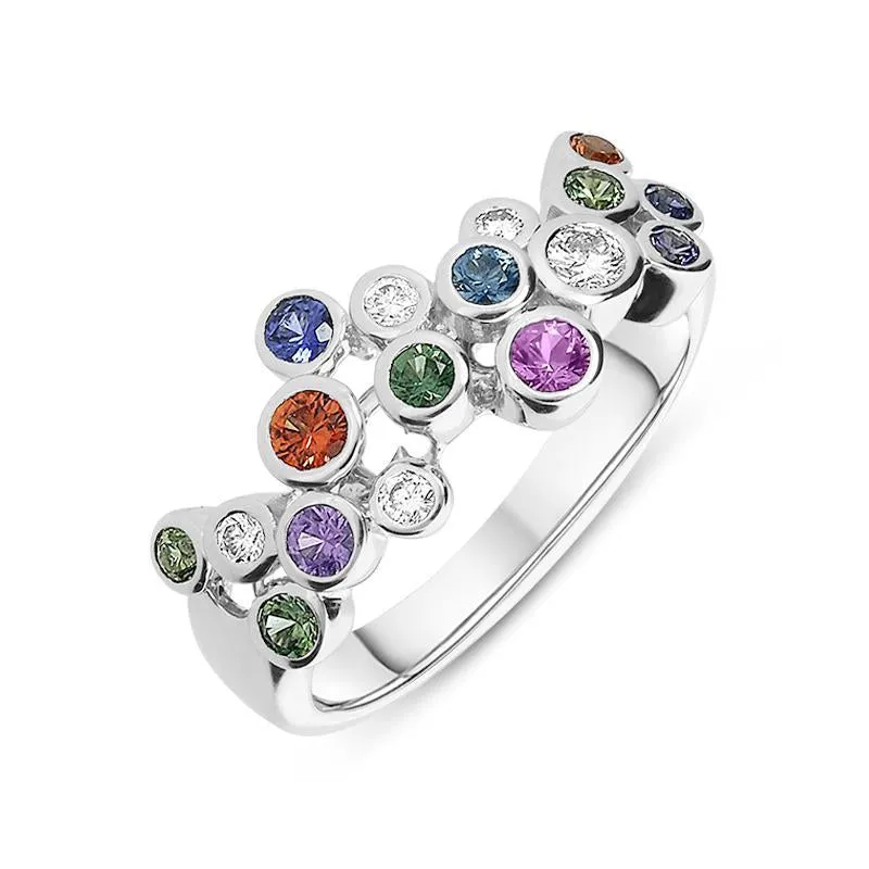 18ct White Gold Rainbow Sapphire Diamond Bubble Style Ring