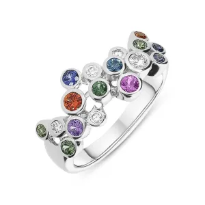 18ct White Gold Rainbow Sapphire Diamond Bubble Style Ring