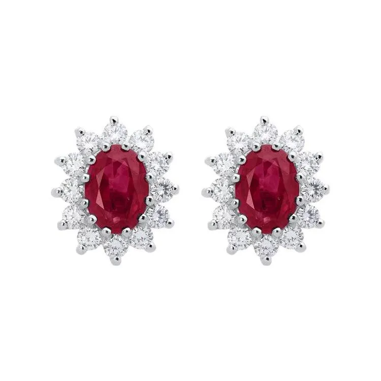 18ct White Gold Ruby Diamond Cluster Stud Earrings