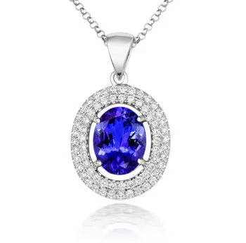 18ct White Gold Tanzanite and Diamond Halo Necklace