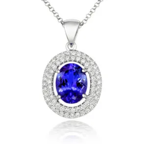18ct White Gold Tanzanite and Diamond Halo Necklace