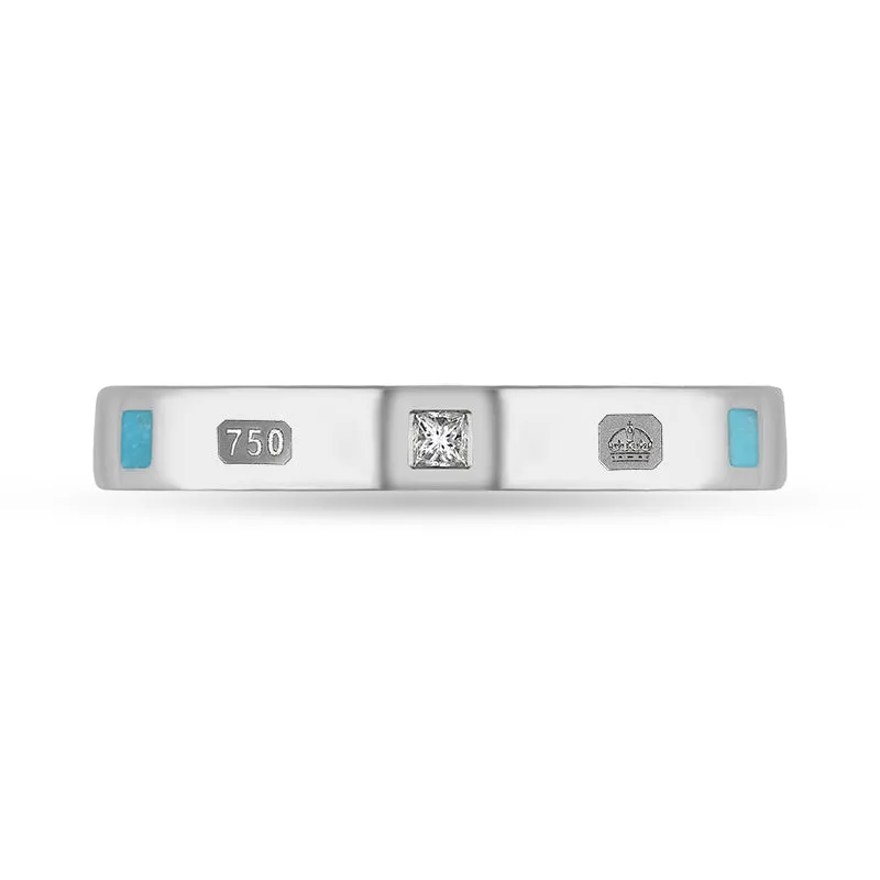 18ct White Gold Turquoise 0.05ct Diamond Queen's Jubilee Hallmark Princess Cut 3mm Ring D