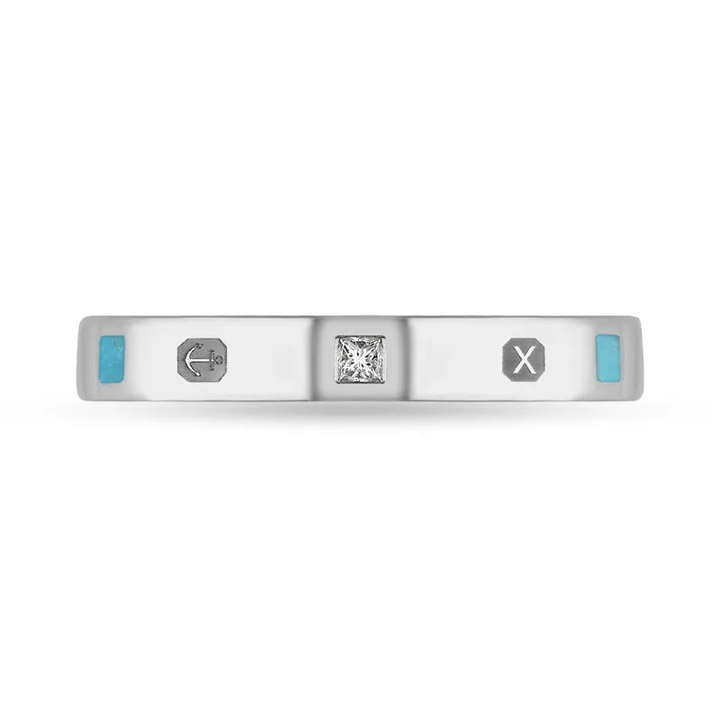 18ct White Gold Turquoise 0.05ct Diamond Queen's Jubilee Hallmark Princess Cut 3mm Ring D