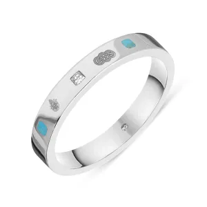 18ct White Gold Turquoise 0.05ct Diamond Queen's Jubilee Hallmark Princess Cut 3mm Ring D