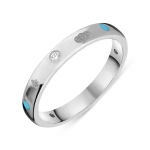 18ct White Gold Turquoise 0.06ct Diamond Queen's Jubilee Hallmark 3mm Ring D