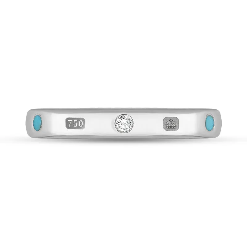 18ct White Gold Turquoise 0.06ct Diamond Queen's Jubilee Hallmark 3mm Ring D