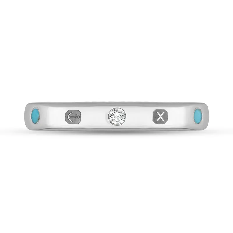 18ct White Gold Turquoise 0.06ct Diamond Queen's Jubilee Hallmark 3mm Ring D