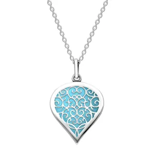 18ct White Gold Turquoise Flore Filigree Medium Heart Necklace